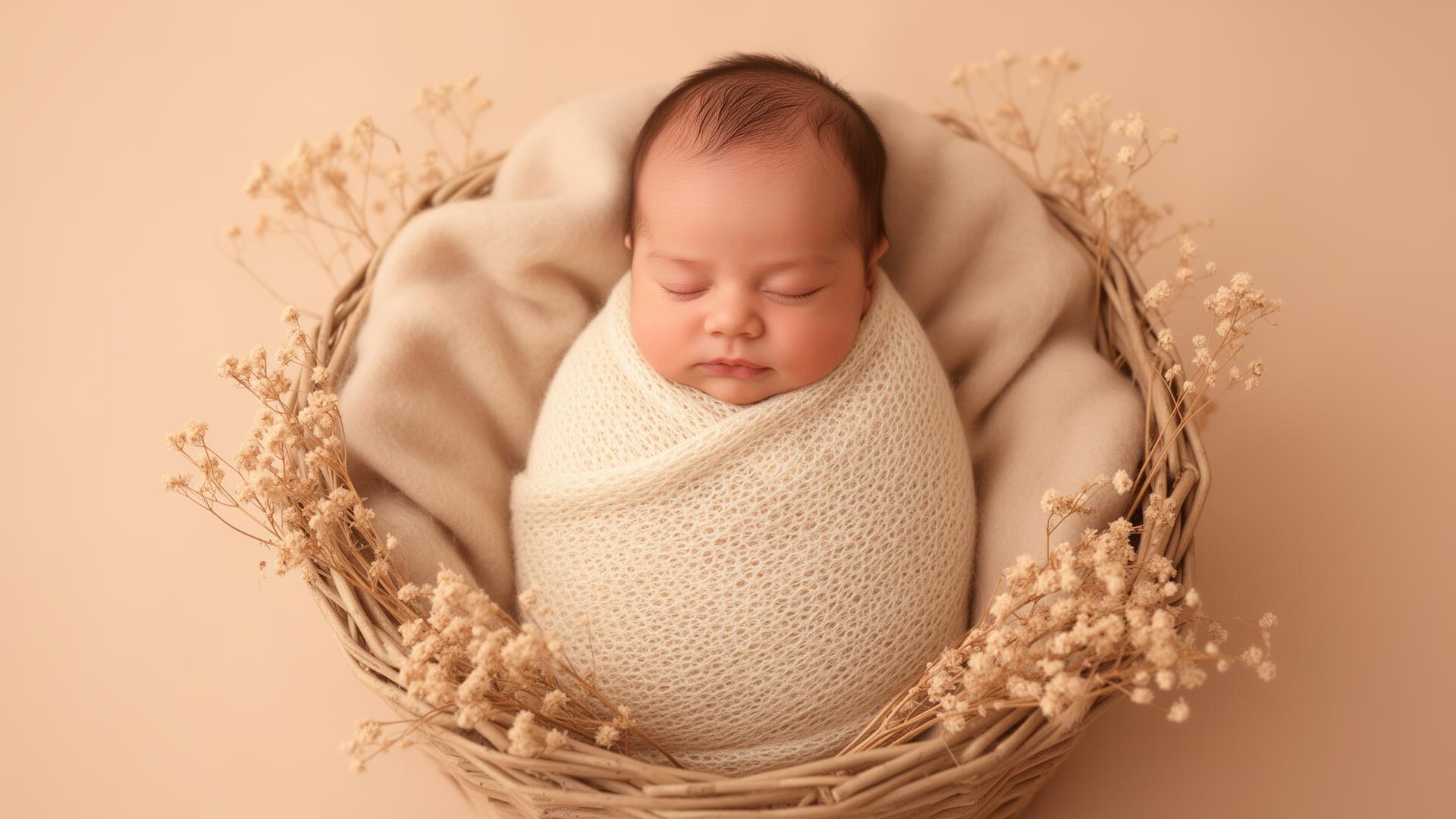 Newborn baby sleeping swaddled in a cream wrap